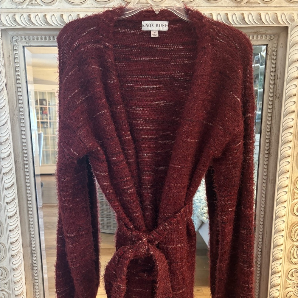 Knox Rose Deep Wine Fuzzy Open-Front Tie-Waist Cardigan